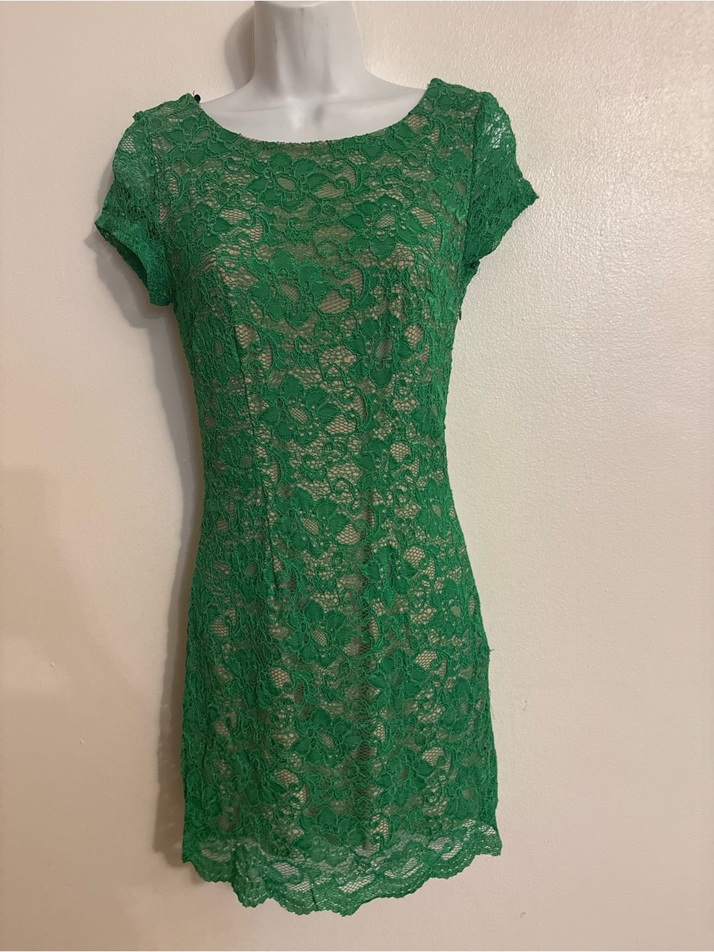 Y2K beach party Green Lace Trim Intimate Camisole with Cream Lining mini dress.